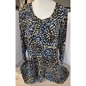 Premise‎ Tunic Top Womens XL Green Blue White Abstract 3/4 Sleeve Stretch Blouse